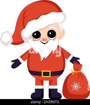 Babbo Natale in costume rosso e cappello con borsa di regali. Simbolo di Capodanno e Natale. Carino personaggio con emozioni felici e sorriso Illustrazione Vettoriale