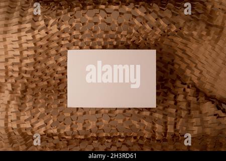 Scheda del nome aziendale vuota sullo sfondo dei prodotti sostenibili. Carta d'identità di branding vuota con spazio per il testo Foto Stock