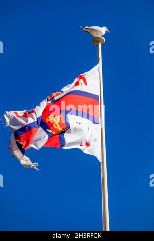 ST IVES, CORNOVAGLIA, Regno Unito - MAGGIO 13 : Vista della bandiera RNLI che fluttering nella brezza a St Ives, Cornovaglia il 13 Maggio 2021 Foto Stock