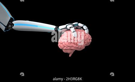 Robot umanoide mano cervello umano Foto Stock
