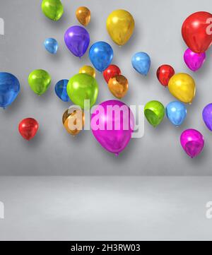 Palloncini colorati si raggruppano su uno sfondo bianco della parete Foto Stock