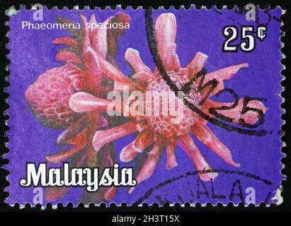 MALESIA - CIRCA 1979: Un francobollo stampato in Malesia mostra etlingera elatior, phaeomeria speciosa, è una specie di pianta erbacea perenne, circa 197 Foto Stock