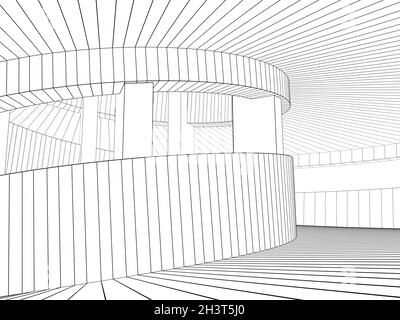 Struttura in filo di contorno modello interno torre rotonda, linee di contorno isolate su sfondo bianco, illustrazione di rendering 3d Foto Stock