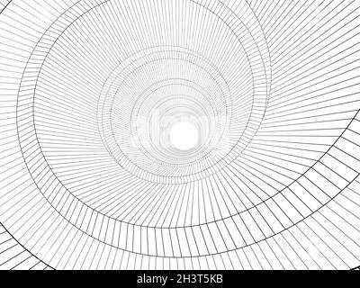 Modello interno a spirale con struttura a filo, vista prospettica grandangolare isolata su sfondo bianco, illustrazione del rendering 3d Foto Stock