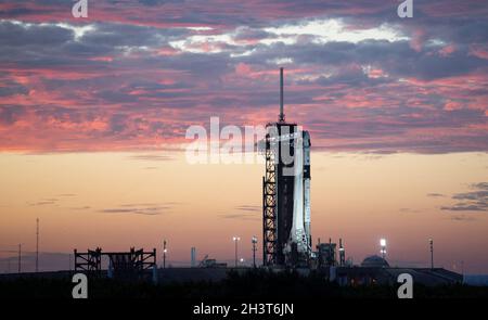Capo Canaveral, Stati Uniti. 30 Ott 2021. Un razzo SpaceX Falcon 9 a bordo della navicella spaziale Crew Dragon della compagnia è visto al tramonto sul trampolino di lancio al Launch Complex 39A mentre i preparativi per la missione Crew-3, mercoledì 27 ottobre 2021, presso il Kennedy Space Center della NASA in Florida. La missione SpaceX Crew-3 della NASA è la terza missione di rotazione dell'equipaggio della navicella spaziale SpaceX Crew Dragon e del razzo Falcon 9 verso la Stazione spaziale Internazionale come parte del programma Commercial Crew dell'agenzia. Gli astronauti della NASA Raja Chari, Tom Marshburn, Kayla Barron e l'astronauta Matthias dell'ESA (Agenzia spaziale europea) Foto Stock