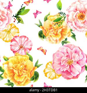 Modello senza cuciture con rose acquerello e farfalle su bianco Foto Stock