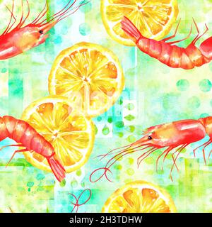 Un motivo acquerello senza cuciture con gamberi e limoni su un motivo blu teale Foto Stock