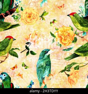 Modello senza cuciture con acquarello bird e rose, in stile vintage Foto Stock