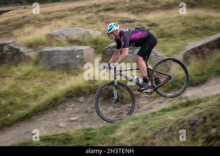 Mountain bike racer in 'Crank IT' evento, Lee Quarry, Lancashire, Inghilterra, Regno Unito, GB, Europa. Foto Stock