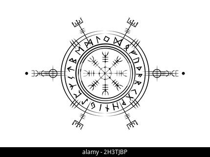 Vichingo Pagan Asatru Runic Compass, Vegvisir Rune Circle Vichingo Norse Mythology. Talismano protettiva per i viaggiatori. Cartello Magical Navigator Compass Illustrazione Vettoriale