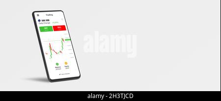 App mobile trading su smartphone. Mercato azionario, concetto di banner di investimento Foto Stock