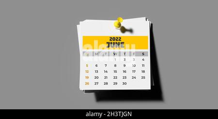 Set di modelli Calendario 2022 con pin mensile: Giugno 2022, pagina del calendario con pin-up in 3D su sfondo grigio con spazio di copia. Composizione orizzontale Foto Stock