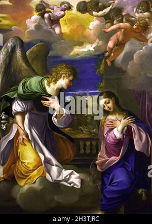 Annunciazione 1603/1604 di Lodovico Carracci 1555 - 1619 Italia, Italiano, Annunciazione, Beata, Vergine Maria, L'annuncio da parte dell'angelo Gabriele, Maria che avrebbe concepito, portare un figlio attraverso una nascita vergine, diventare la, madre di Gesù Cristo, Messia cristiana e Figlio di Dio, Incarnazione, Foto Stock