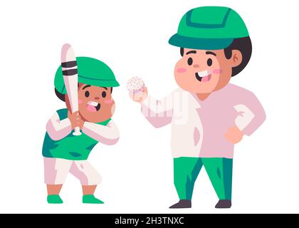 il padre verde del casco sta tenendo la sfera di baseball ed il suo figlio che tiene la mazza gioca lo sport insieme il moderno disegno vettoriale di fondo piatto del colore Illustrazione Vettoriale