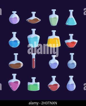 Vasetto per pozione. Witchcraft magico bottiglie gioco design oggetti antidot vettore immagini set Illustrazione Vettoriale