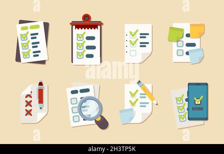 Icone dell'elenco di controllo. Notepad programma cliente marchi ricerca clipboard vettore business checklist raccolta Illustrazione Vettoriale