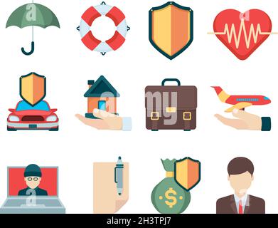 Simboli assicurativi. Vari casi per il tipo di assicurazione di viaggio per la vita di affari e le icone di vettore degli agenti speciali di salute Illustrazione Vettoriale