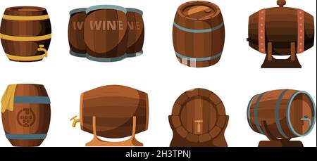 Botti di legno. Birra o vino alcol tradizionali barili illustrazioni vettoriali Illustrazione Vettoriale