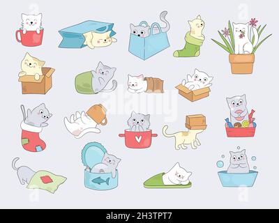 Cat in tazze. Rilassante cute poco kitty nascondere in tazza o pantofole vettore divertente illustrazioni Illustrazione Vettoriale