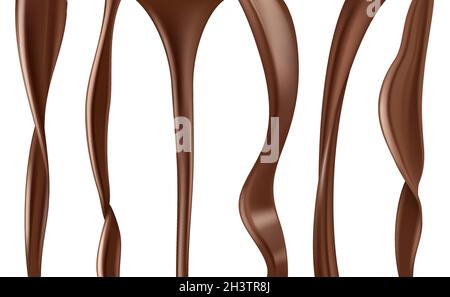 Flusso di cioccolato liquido. Fluente salsa deliziosa o foto realistiche vettoriali di cioccolato fondente Illustrazione Vettoriale