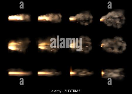 Flash della pistola. Animazione vettoriale di effetti di fiamma e fumo a pistola realistici Illustrazione Vettoriale