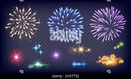 Fuochi d'artificio Shine. Spruzzi di luce, fuoco realistico luci festive. Nuovo anno notte scintilla elementi vettore set Illustrazione Vettoriale