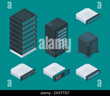 Scaffali per l'archiviazione dei dati di computer. Apparecchiatura server tecnologia IT rete hardware strumenti router vettore isometrico set Illustrazione Vettoriale