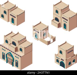 Case arabe. Sabbia isometrica autentici vecchi edifici isometrici antichi arabo costruzione vettore set Illustrazione Vettoriale