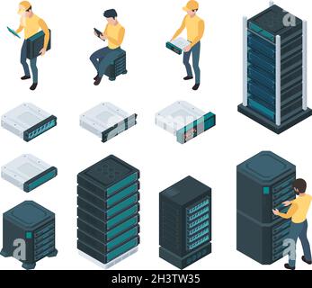 Tecnico nella sala server. Computer lan master con router comunicare hardware cablaggio tecnico processi vettore isometrici set Illustrazione Vettoriale
