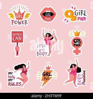 Badge femministi. Body positivo potere femminile personaggi ragazze trendy vettore adesivo Illustrazione Vettoriale