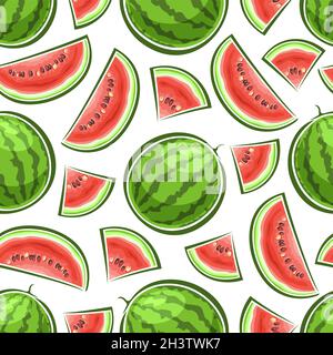 Vector Watermelon Seamless Pattern, sfondo quadrato ripetente di cocomeri cartoni con semi interi e tagliati, poster decorativo con cut out ill Illustrazione Vettoriale