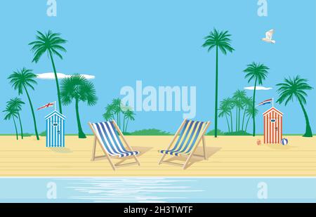 Spiaggia con sdraio sotto le palme - illustrazione vettoriale Illustrazione Vettoriale