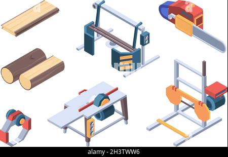 Legname isometrico. Articoli per segheria e operai lavorazione legno collezione isometrica vettoriale Illustrazione Vettoriale