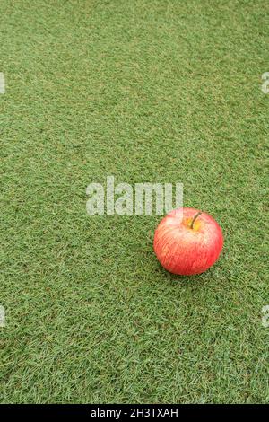 Faux mele rosse su erba sintetica. Per la coltivazione di mele nel Regno Unito, mele inglesi, industria britannica del sidro, ottobre Apple Day, prodotti britannici, uso di plastica Foto Stock