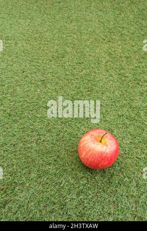 Faux mele rosse su erba sintetica. Per la coltivazione di mele nel Regno Unito, mele inglesi, industria britannica del sidro, ottobre Apple Day, prodotti britannici, uso di plastica Foto Stock