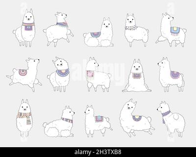 Divertenti lama. Carino alpaca cammello e lama selvaggia animali etnici vettore scarabeo personaggi Illustrazione Vettoriale