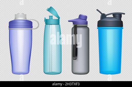 Bottiglie sportive. Accessori realistici per il fitness bottiglie d'acqua proteine decente vettore mockup collezione Illustrazione Vettoriale