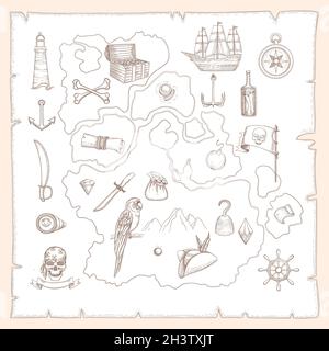 Simboli pirata. Antica mappa di tesori medievali navi marine e armi antiche creature oceaniche oggetti nautici vettoriali Illustrazione Vettoriale