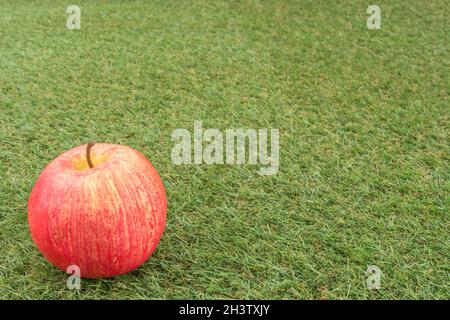 Faux mele rosse su erba sintetica. Per la coltivazione di mele nel Regno Unito, mele inglesi, industria britannica del sidro, ottobre Apple Day, prodotti britannici, uso di plastica Foto Stock