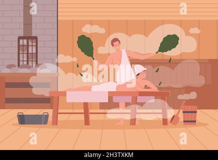 Sfondo sauna. Spa relax terapia calda persone vapore caldo in sauna bagno caratteri vettoriali illustrazione cartoni animati Illustrazione Vettoriale