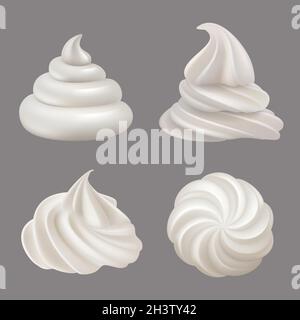 Panna montata. Deliziosi ingredienti liquidi alimentari per la cottura torte crema vortici decente vettore realistiche illustrazioni Illustrazione Vettoriale