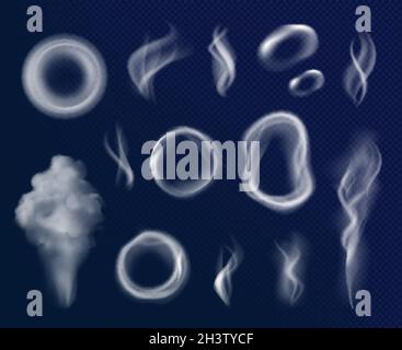 Sigarette fumano cerchi. Il vapore che scorre in grigio forma fumi tossici fuma modelli realistici vettoriali decenti Illustrazione Vettoriale