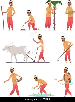 Vendemmiatrice indiana. Coltivatore umano in bangladesh bufalo terra raccolta lavoro vettore persone Illustrazione Vettoriale