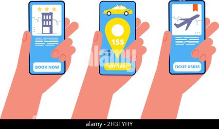 Prenotazione online. Mani che tengono i telefoni con diverse applicazioni di viaggio vettore illustrazione Illustrazione Vettoriale