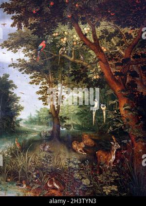 Il paradiso terreno (1620) di Jan Brueghel (anche Bruegel o Breughel) il giovane (1601 –1678) pittore barocco fiammingo.Figlio di Jan Brueghel il Vecchio, nipote di Pieter Bruegel il Vecchio. Foto Stock