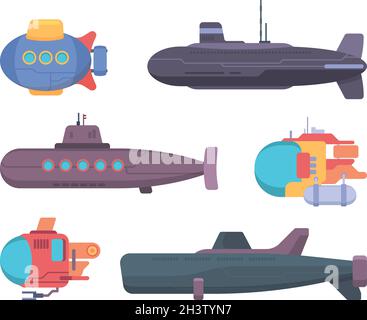 Sottomarini. Viaggio subacqueo subacqueo barca esploratore elica nave vettore collezione Illustrazione Vettoriale