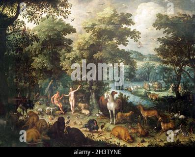 Il paradiso terreno (1620) di Jan Brueghel (anche Bruegel o Breughel) il giovane (1601 –1678) pittore barocco fiammingo.Figlio di Jan Brueghel il Vecchio, nipote di Pieter Bruegel il Vecchio. Foto Stock