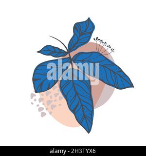 Poster minimalisti con composizione floreale di elementi decorativi, fiori disegnati a mano, foglie e forme astratte. Illustrazione Vettoriale