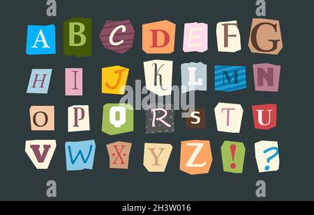 Collage alfabeto. Lettere affette vari caratteri di stile divertente per l'alfabeto punk colorato vettoriale di note anonime o volantino Illustrazione Vettoriale