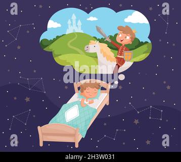 Sogni del bambino. Dormire bambini sognare nuvole vettoriali illustrazioni cartoni animati Illustrazione Vettoriale